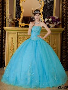 Wonderful Aqua Blue Strapless Organza Beading Dress for Quinceaneras to Floor
