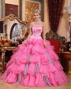 Unique Sweetheart Dresses for Quinceanera in Organza with Beading in Rose Pink