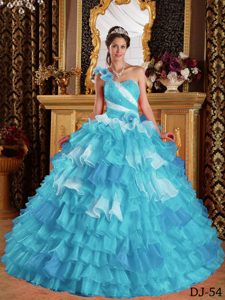 High Quality Aqua Blue One Shoulder Dress for a Quince with Ruffles and Beading