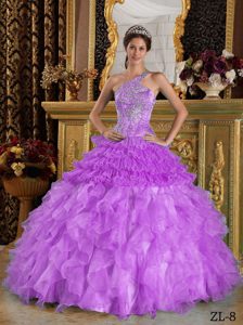 Shimmering One Shoulder Purple Beading Quinceanera Dress and Organza