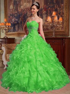 Modest Green Sweetheart Ruching Quinceaneras Dresses in Organza with Beading