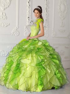 Yellow Green Strapless Satin and Organza Beaded Sweet 16 Quinceanera Dress