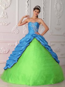 Green and Blue Sweetheart Ruched Quinceanera Dress with Appliques