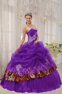 Purple Sweetheart Organza and Leopard Quinceanera Gown Dress with Appliques