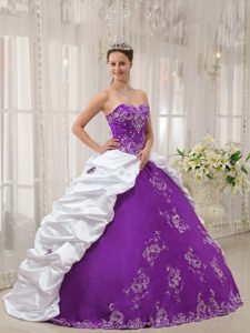 Purple and White Sweetheart Satin and Embroidery Quinceanera Dress