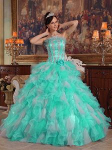 2014 Strapless Organza Quinceanera Dress with Appliques and Ruffled Layers
