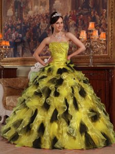 Yellow and Black Strapless Organza Quinceanera Gown Dress for Custom Made