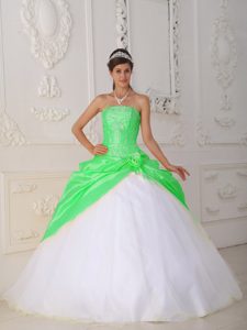 New Green and White Strapless Quinceanera Dress with Appliques and Flowers