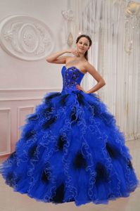 New Blue and Black Sweetheart Orangza Beaded and Ruched Quinceanera Dress