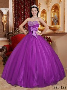 Purple Sweetheart Tulle and Tafftea Beaded Quinceanera Dress with Bowknot