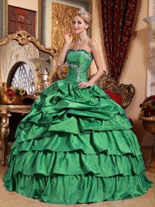 Green Strapless Dress for Quinceanera with Appliques and Pick-ups