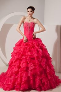 Coral Red A-line Sweetheart Brush Train Beaded Quinceanera Dresses