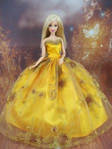 Beading Decorate Ball Gown Gold Barbie Doll Dress
