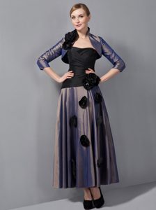 Strapless Ankle-length Purple Black Mother Bride Dress with Jacket and Flowers