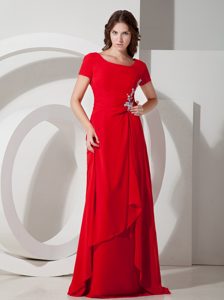 Scoop Short Sleeves Brush Train Hot Red Mother of Bride Dress with Appliques