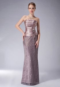 Strapless Long Ruched Beaded and Lace Mother of Bride Dress