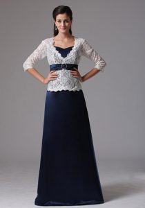 Navy Blue and White Lace 3/4 Sleeves Long Best Mother of Bride Dress