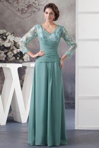 V-neck Long Sleeves Long Turquoise Lace Chiffon Mother Bride Dress