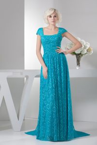Latest Square Cap Brush Train Teal Printed Mother of Bride Dress with Ruching