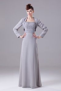 Strapless Long Ruched Beaded Gray Mother of Bride Dress with Jacket