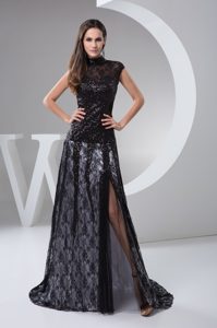 High-neck Brush Train Beaded Black Lace Mother of the Bride Dress with Slit