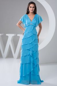 Aqua Blue V-neck Ruffle-layers Mother of the Bride Dresses with Beadings