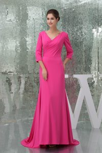 V-neck 3/4 Sleeves Hot Pink Mother of the Bride Dresses with Brush Train