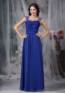 Royal Blue Straps Long Prom Celebrity Dress with Beadings and Ruches