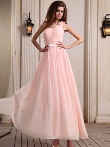 Baby Pink One Shoulder Prom Dresses for Girls with Handle Flower and Ruches