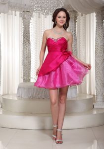 Hot Pink Mini-length Sweetheart Prom Dress with Beads and Handmade Flowers