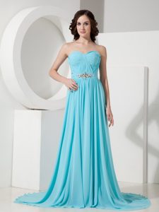 Blue Empire Sweetheart Prom Evening Dresses Chiffon Beaded with Brush Train