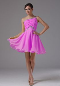 New One Shoulder Lavender Prom Homecoming Dress with Ruching and Beading