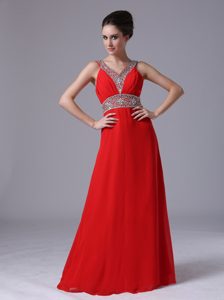 Beading Decorated Shoulder Empire Chiffon Red V-neck Prom Dresses in Spring