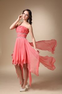 Watermelon Red A-line Strapless Asymmetrical Chiffon Beaded Prom Party Dress