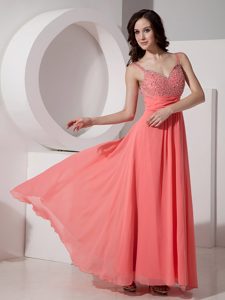 2014 Latest Watermelon Empire Chiffon Beaded Ankle-length Prom Evening Dress