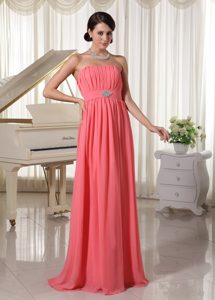Watermelon Red Empire Chiffon Prom Dress with Beading and Ruching for Cheap