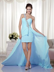 Blue One Shoulder High-low Chiffon Beaded and Ruched Prom Dresses