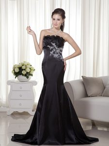 Black Mermaid Strapless Satin Prom Dress with Brush Train and Appliques on Sale
