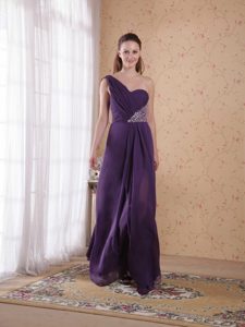 Purple Empire One Shoulder Chiffon Beaded and Ruched Prom Pageant Dresses