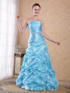 New Aqua Blue Strapless Organza Beaded Prom Dress with Ruching and Pick-ups