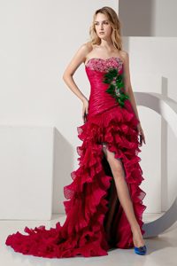 Red Sweetheart Beaded Prom Dress Organza with Ruffles Layers and Court Train