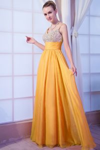 New Empire Chiffon Beaded Prom Dresses with Spaghetti Straps and Brush Train