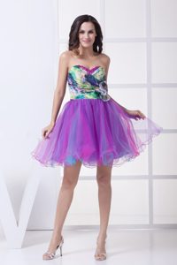 Hot Ruched Mini-length Organza Prom Dresses with Colorful Printing and Flowers