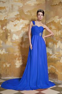 Blue Empire One Shoulder Prom Dresses with Watteau Train and Beading on Sale