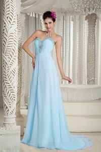 Light Blue Empire Sweetheart Ruched Prom Dress with Beading and Brush Train