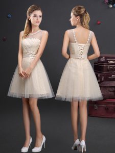 Nice A-line Bridesmaids Dress Champagne Scoop Tulle Sleeveless Mini Length Lace Up