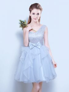 Luxury One Shoulder Grey Sleeveless Mini Length Lace and Ruffles and Bowknot Lace Up Dama Dress for Quinceanera