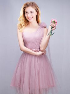 Graceful Pink A-line Tulle One Shoulder Sleeveless Ruching and Bowknot and Hand Made Flower Mini Length Lace Up Bridesma