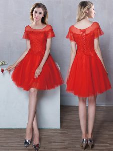 Decent Red Bridesmaid Dress Prom and Party and Wedding Party and For with Lace Scoop Short Sleeves Lace Up
