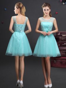 Sexy Scoop Aqua Blue Tulle Lace Up Wedding Guest Dresses Sleeveless Mini Length Beading and Lace and Appliques and Belt